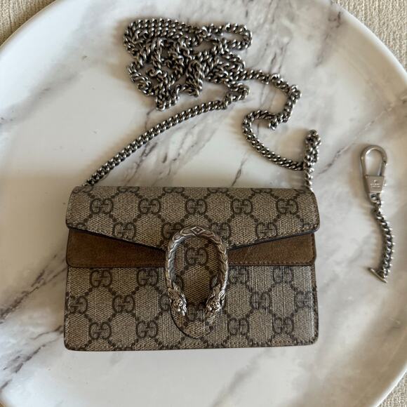 Gucci Dionysus GG Supreme Chain Strap Super Mini Crossbody Bag Clutch Beige - Picture 1 of 9
